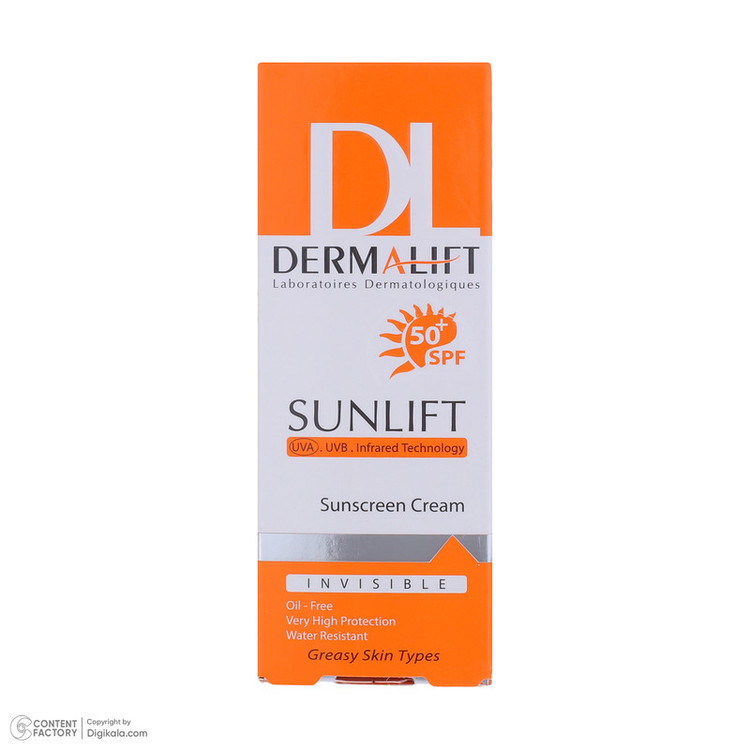 کرم ضدآفتاب بیرنگ درمالیفت مدل SPF50، مناسب پوستهای چرب، حجم 40 میلیلیتر